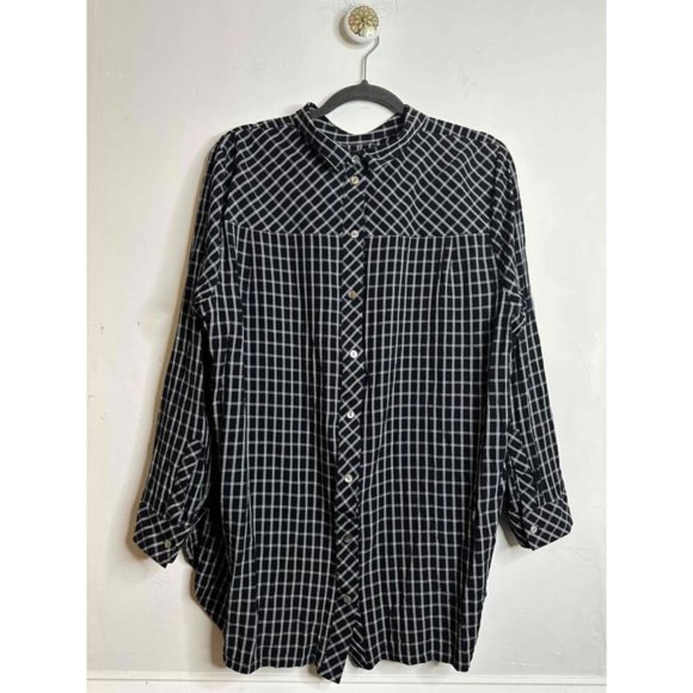 J Jill Size Extra Large Black White Windowpane Plaid Button Back Hi Lo Blouse